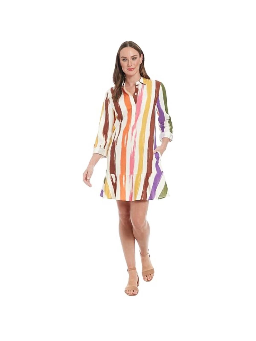 London Times Women's Striped Dress, w/ button-down collar & a ruffle hem. M